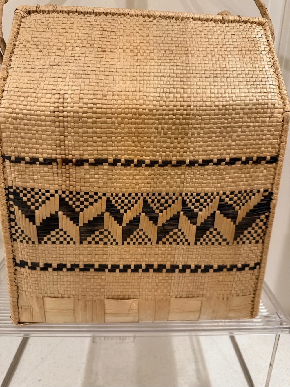 Square Woven Straw Top-Handle Basket Bag in Natural and Black ~ 13“ H x 7“ W